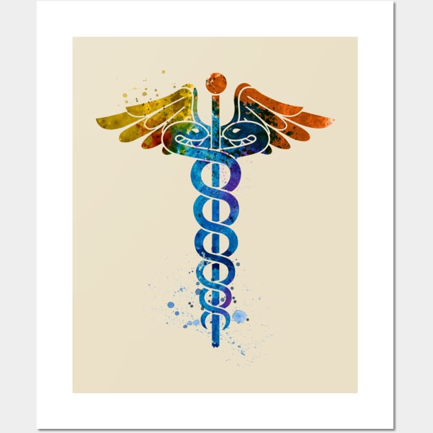 Caduceus Medical Symbol Watercolor Art Wall Art by TopTeesShop